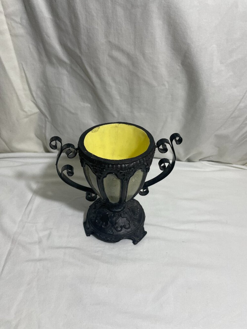 Ornate Black Metal Urn Vase Yellow Interior Scrollwork Gothic Victorian 7.5”